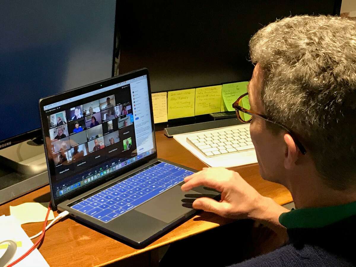 Town Council Chairman John Engel has been leading meetings for the town on his computer at home via Zoom during the coronavirus crisis.