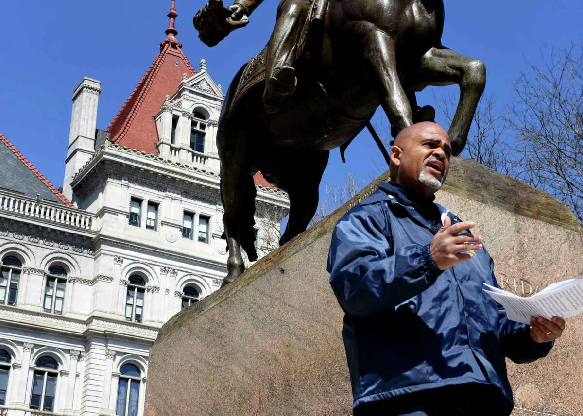 PEF President Wayne Spence calls on state officials to pay thousands of workers who did not receive paychecks this week on Wednesday, April 1, 2020, during a press conference outside the Capitol in Albany, N.Y. (Will Waldron/Times Union)