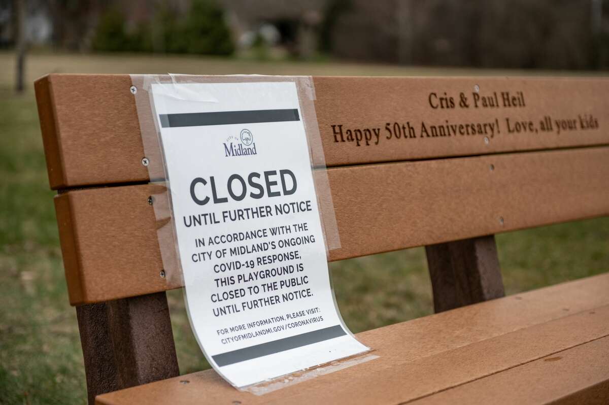 Parks in Midland are shown devoid of activity after City of Midland Parks and Recreation closed the playground equipment in all City of Midland-maintained parks effective Monday, March 30, 2020 until further notice, out of an abundance of caution amid the ongoing COVID-19 pandemic. (Adam Ferman/for the Daily News)