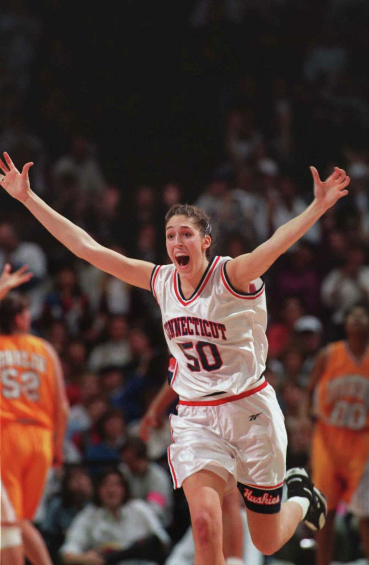 UConn’s All-American Rebecca Lobo celebrated her team’s victory over Tennessee to win the 1995 NCAA championship. During Lobo’s senior year, the women’s program began to garner more interest. “People literally wrote letters,” she said. “It’s not like now when someone likes you or doesn’t like you and will put it in your mentions and hope you see it.”