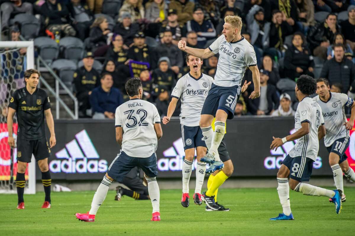 LOS ANGELES, CA - MARCH 8: Jakob Glesnes #5 of Philadelphia Union celebrates his goal on a free kick against Los Angeles FC during the MLS match at the Banc of California Stadium on March 8, 2020 in Los Angeles, California. The match ended in a 3-3 draw. (Photo by Shaun Clark/Getty Images)
