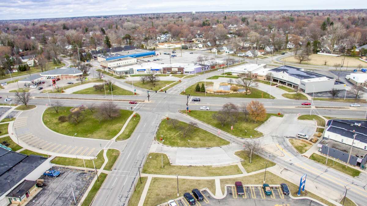 Aerial photos show locations around Midland between 4 and 5 p.m. on Wednesday, April 1, 2020. (Adam Ferman/for the Daily News)