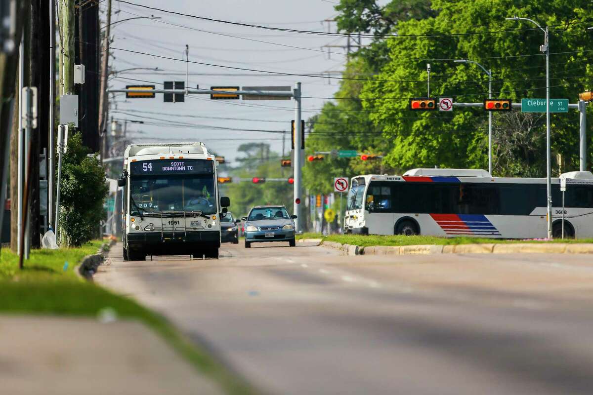 The 54 bus travels north up Scott Street on March 26, 2020, near the University of Houston.