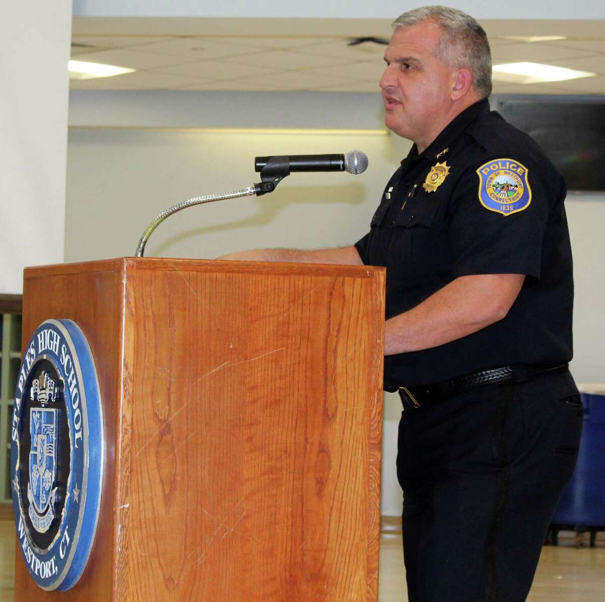 In this file photo, Westport Police Chief Foti Koskinas speaking at a Board of Education meeting at Staples High School.