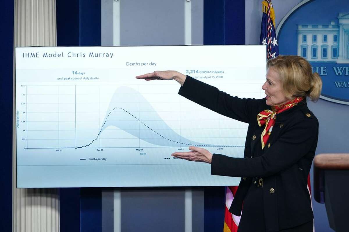 Dr. Deborah Birx, response coordinator for White House Coronavirus Task Force, warned on Thursday that easing up on social distancing could cause more coronavirus outbreaks in the US. During a briefing on Tuesday, pictured here, she talked about the curve depicting the number of cases in the US.