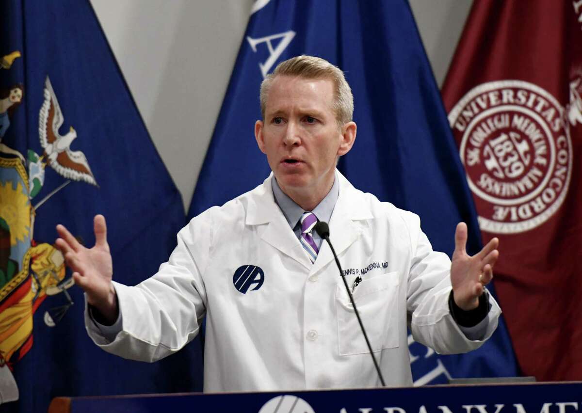 Dr. Dennis P. McKenna, president and CEO of Albany Medical Center, speaks to reporters during a joint press conference where leaders from Capital Region hospitals gave updates on their ongoing coronavirus preparations on Friday, April 3, 2020, at Albany Med in Albany, N.Y. (Will Waldron/Times Union)