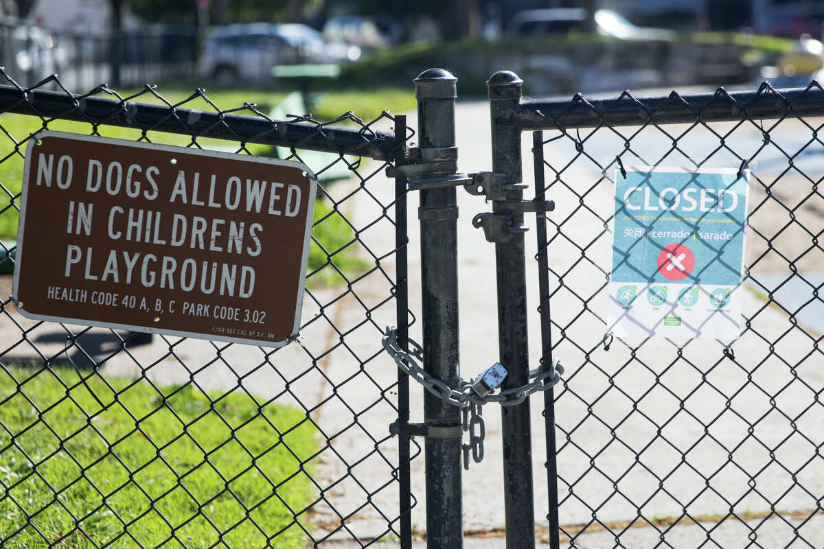 Playgrounds and athletic courts in parks across San Francisco stand empty after enhanced restrictions closed them to the public.