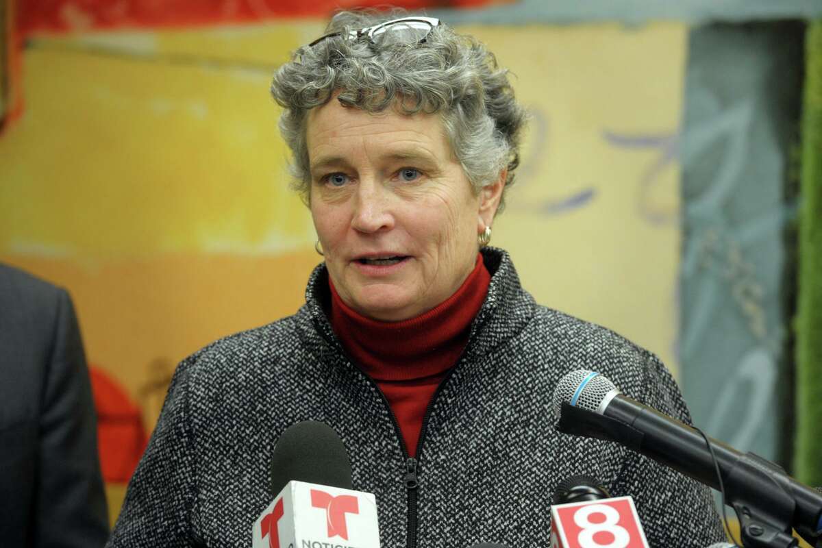 State Office of Early Childcare Commissioner Beth Bye speaks during a news conference at the ABCD childcare facility in Bridgeport, Conn. Feb. 3, 2020. State and local officials gathered to announce a new Care 4 Kids initiative that will help low income families pay for early childcare education costs.