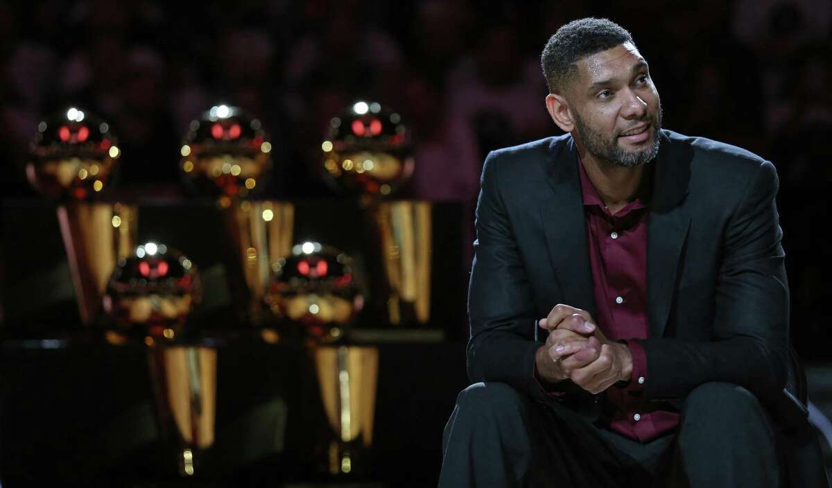 Former San Antonio Spurs player Tim Duncan listens to speakers during his jersey retirement ceremony held after the game with the New Orleans Pelicans Sunday Dec. 18, 2016 at the AT&T Center.