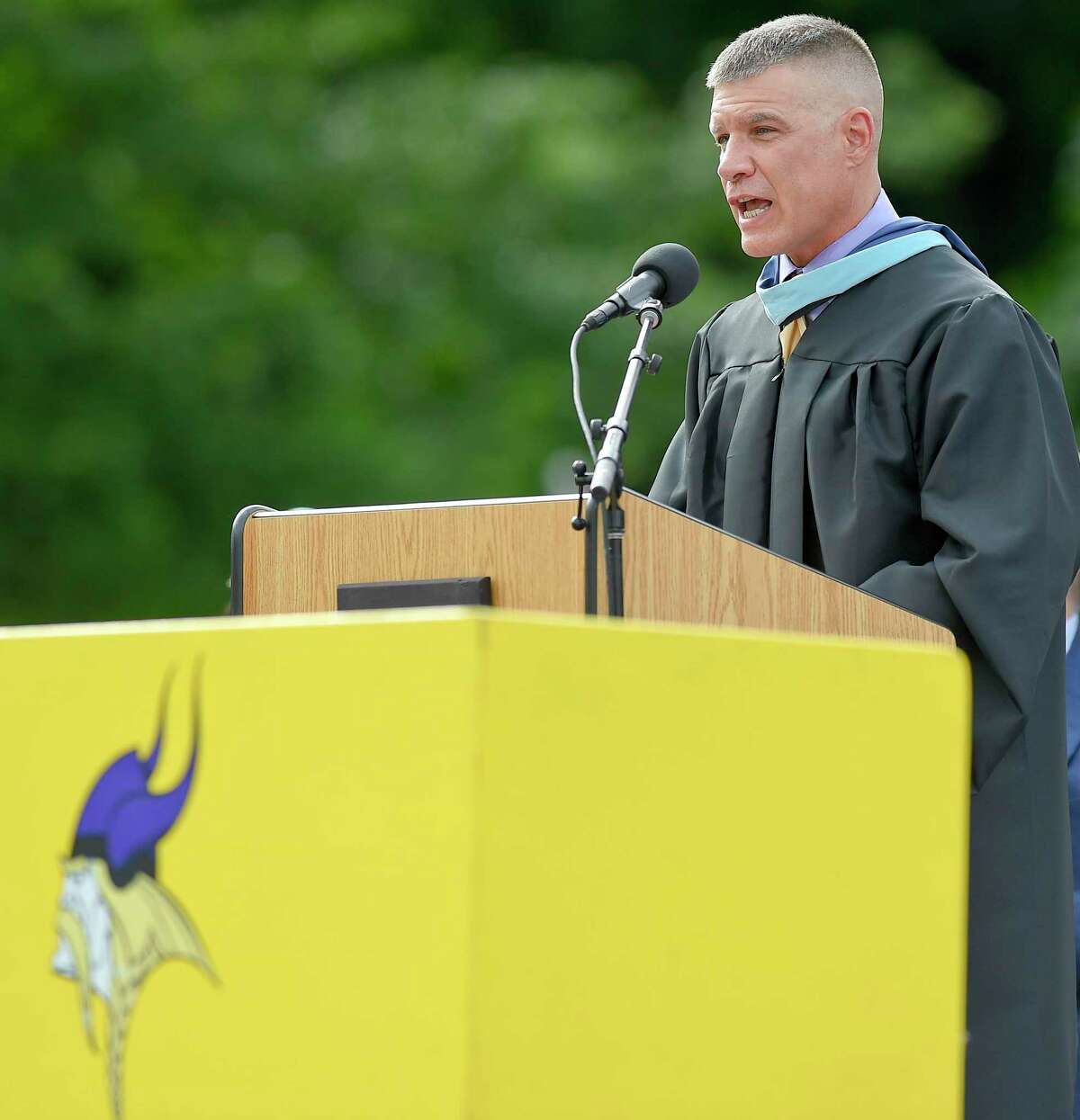 Principal Michael Rinaldi addresses the Westhill High School Class of 2019 at commencement exercises on June 17, 2019 in Stamford, Connecticut.