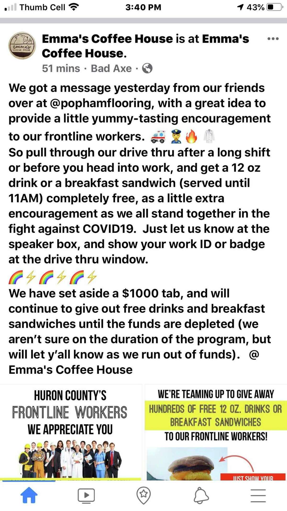 Emma's Coffee House and Popham Flooring team up to offer front-line employees free breakfast options. (Courtesy/Emma's Coffee House)