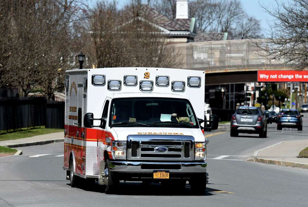 A Troy Fire Department ambulance returns to Station 2 at Bouton Road on Monday, April 6, 2020, in Troy, N.Y. (Will Waldron/Times Union)