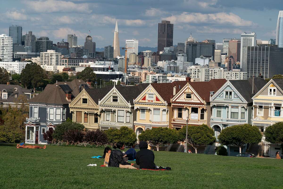 Alamo Square next to the Painted Ladies, Victorian and Edwardian houses and buildings, on March 19, 2020 in San Francisco, Calif.