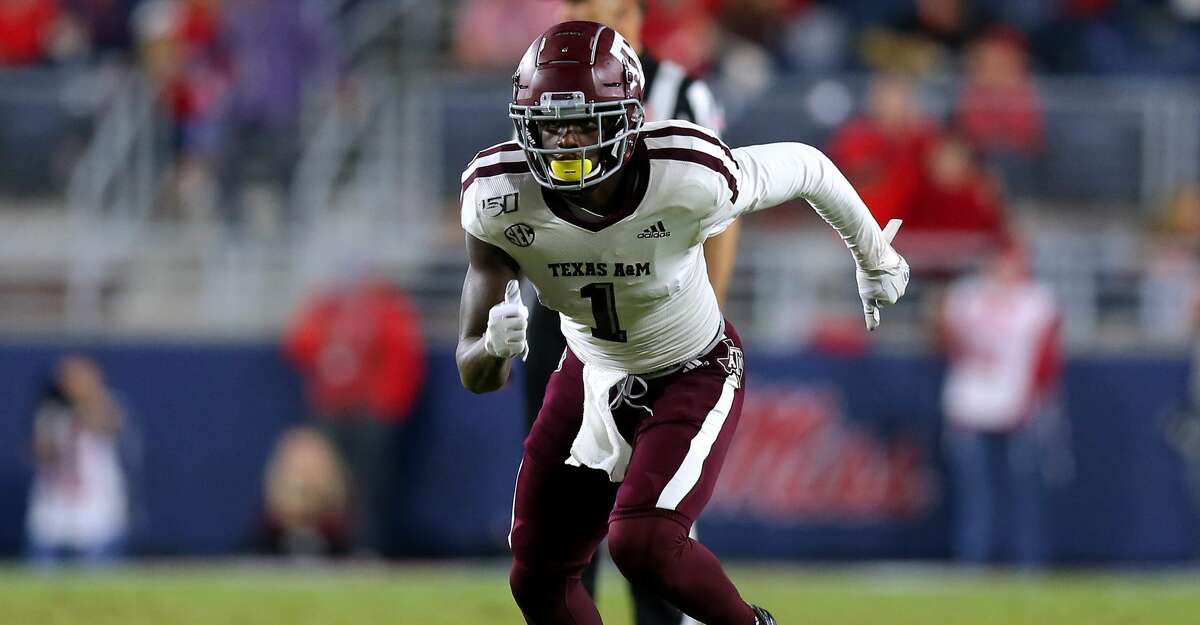 Quartney Davis #1 of the Texas A&M Aggies in action during a game against the Mississippi Rebels at Vaught-Hemingway Stadium on October 19, 2019 in Oxford, Mississippi. (Photo by Jonathan Bachman/Getty Images)