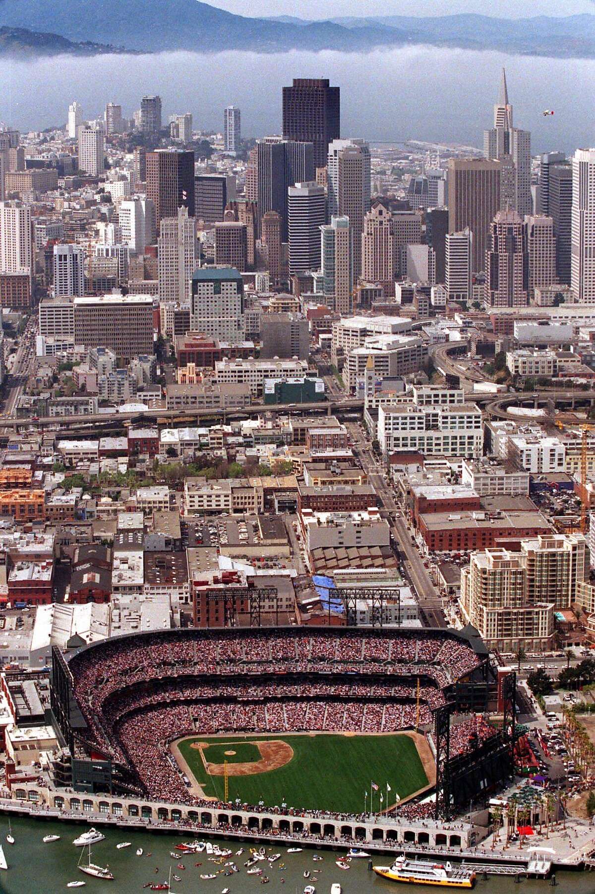 Pacific Bell Park is seen with the San Francisco skyline and Marin Hills in the background in an aerial photograph taken on the San Francisco Giants' home opener Tuesday, April 11, 2000. The Giants' played the Los Angeles Dodgers. (AP Photo/Dan Krauss)