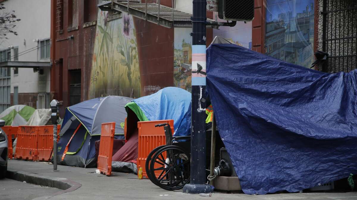 Homeless encampment seen on Monday, April 6, 2020, in San Francisco.