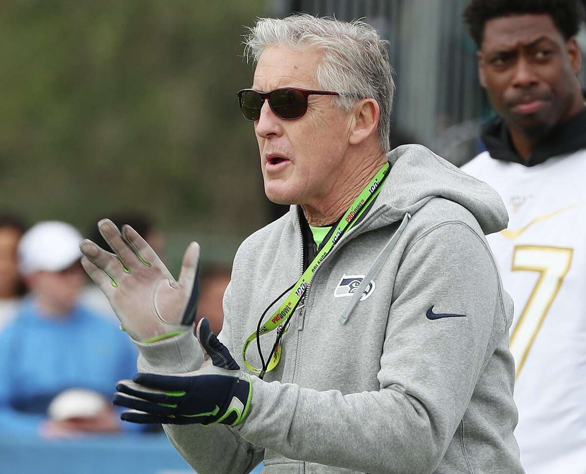 NFC Team Seattle Seahawks coach Pete Carroll cheers during practice for the Pro Bowl at Disney's ESPN Wide World of Sports Wednesday, Jan. 22, 2020 in Orlando, Fla. (Stephen M. Dowell/Orlando Sentinel/TNS)
