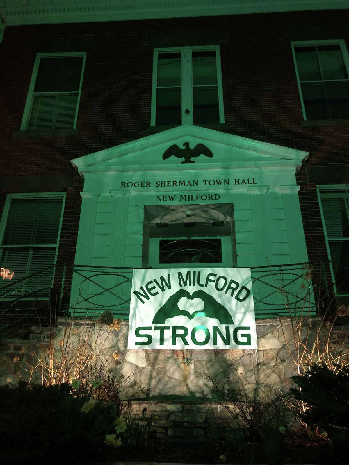 A message of hope and unity proudly hangs in front of the Roger Sherman Town Hall in New Milford.