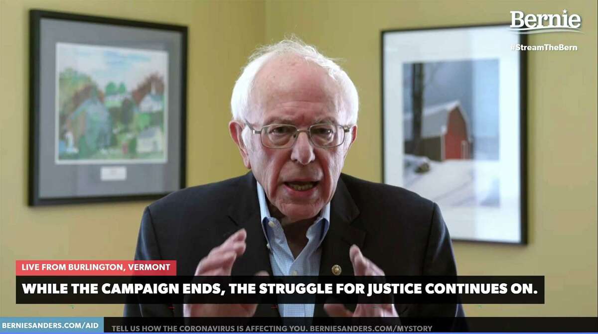 In this video still image from the Bernie Sanders presidential campaign, Sanders announces the suspension of his campaign on Wednesday from Burlington, Vermont.