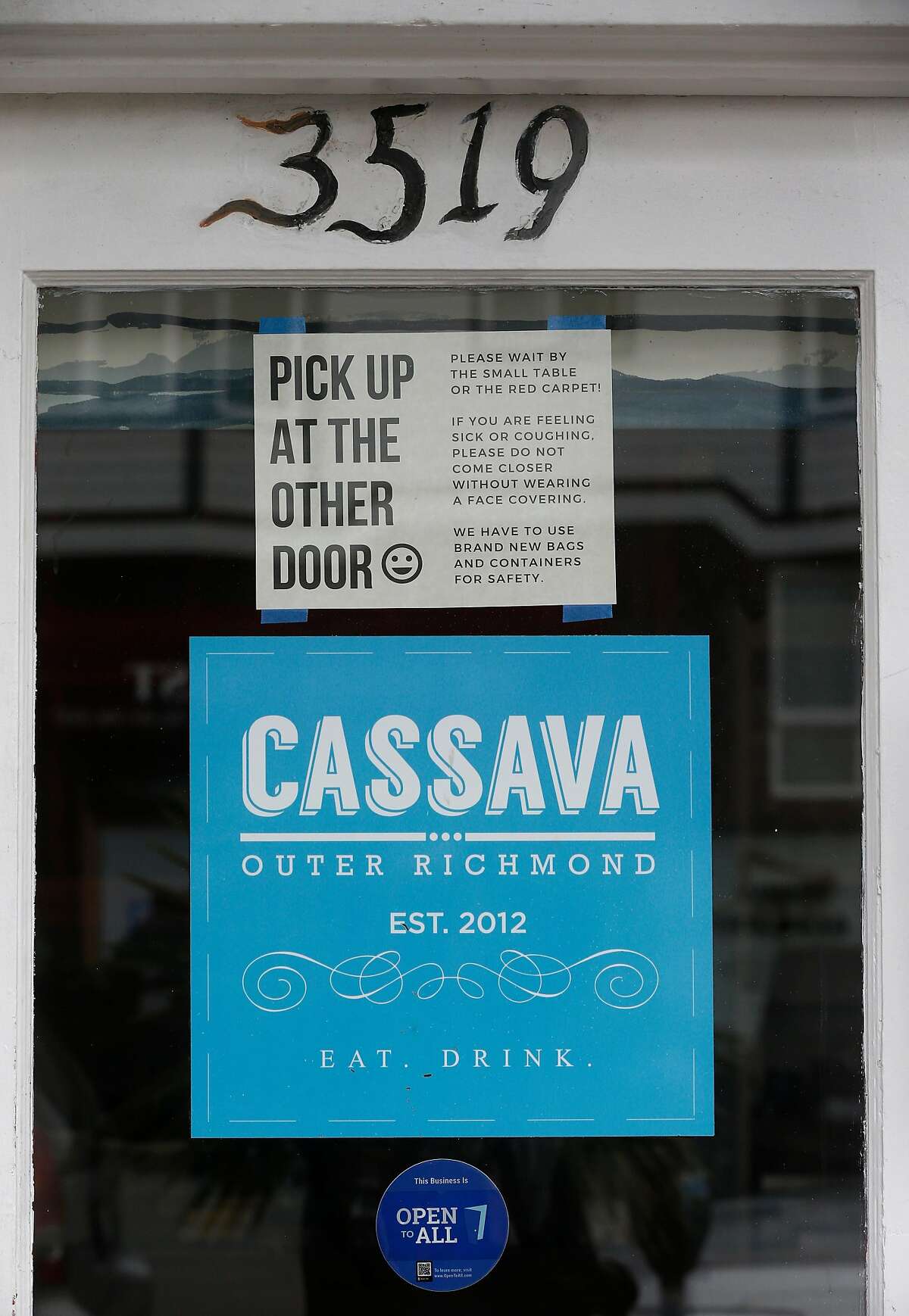 Cassava restaurant on Balboa Street is serving to-go meals only in San Francisco, Calif. on Wednesday, April 8, 2020. Cassava owners have had some of their small business insurance claims denied as the restaurant struggles to stay open by serving take-out orders only during the coronavirus pandemic.