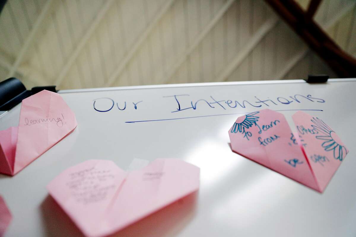 Decorations on a white board at La Casa De Las Madres in San Francisco, Calif., on Tuesday, April 7, 2020. The shelter in place order appears to be leading to an increase in domestic violence cases even though calls are not up drastically since some victims and survivors are even more afraid or unable to call or text for help.