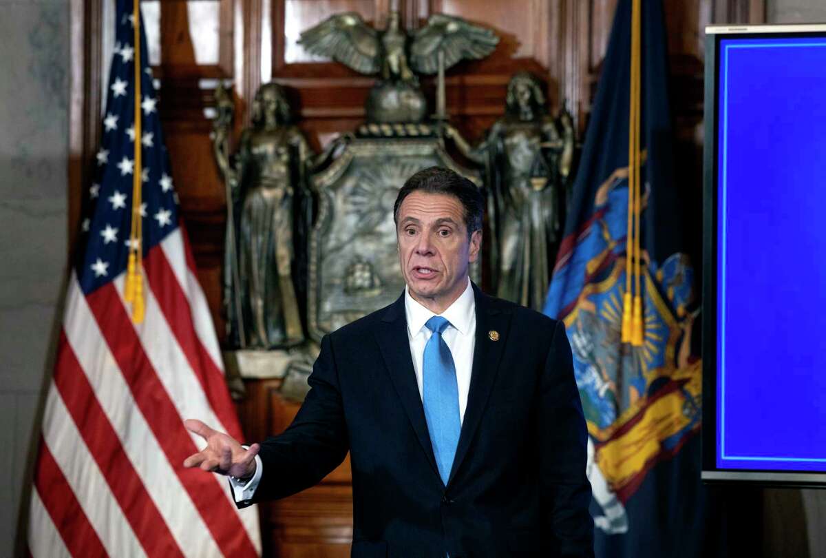 Gov. Andrew Cuomo provides a coronavirus update during a press conference on Wednesday, April 8, 2020, in the Red Room at the Capitol in Albany, N.Y.