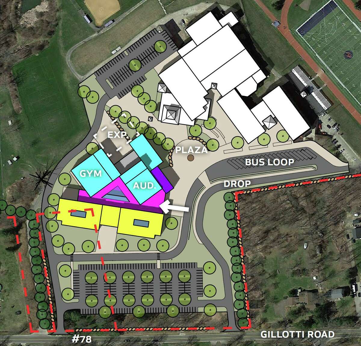 The high school construction plan utilizing the 78 Gillotti Road property.