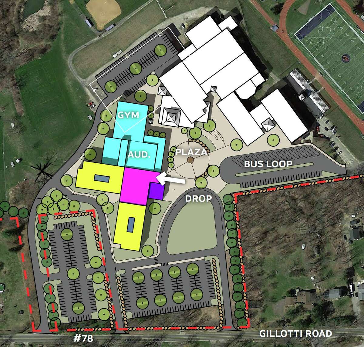 Another high school construction option that incorporates town-owned land at 74 Gillotti Road.