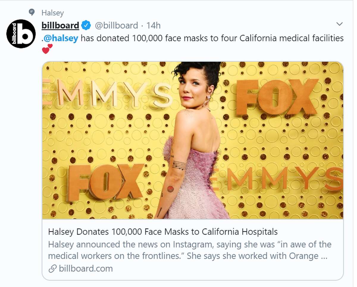 Halsey On April 8 Halsey announced that she would be donating 100,000 face masks to four California medical facilities.