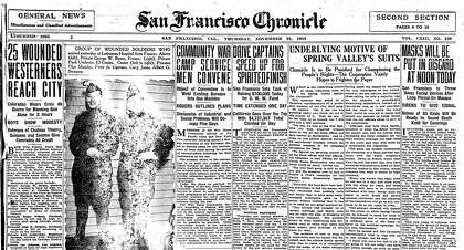 Health The front page of the San Francisco Chronicle on Nov. 21, 1918, the day the Spanish flu mask ordinance was first lifted.