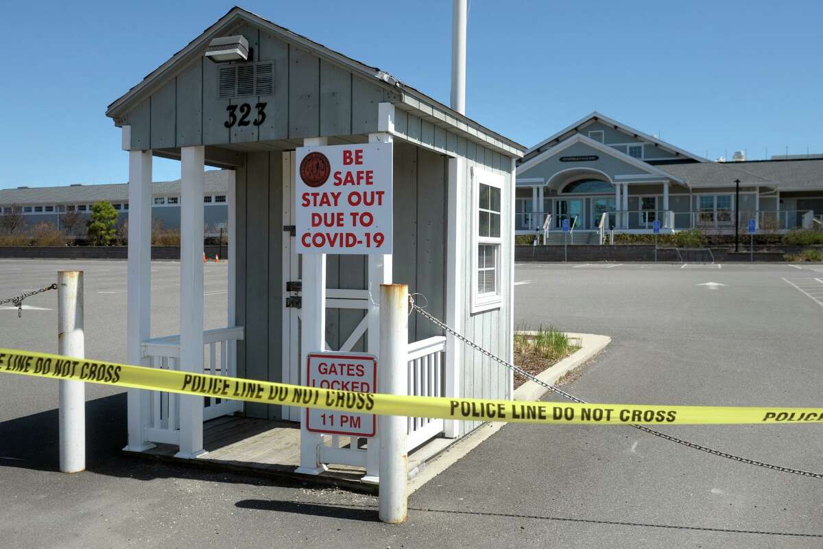 The blocked entrance to Penfield Beach, in Fairfield, Conn. April 6, 2020. Town of Fairfield beaches and parks are currently closed to the public due to coronavirus precautions.