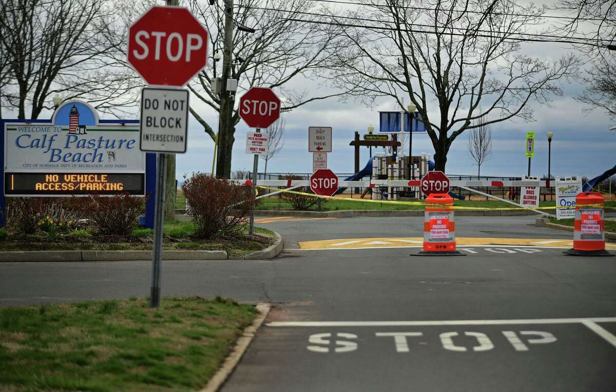 Calf Pasturer Beach is closed to all visiotors Tuesday, March 31, 2020,in Norwalk, Conn.