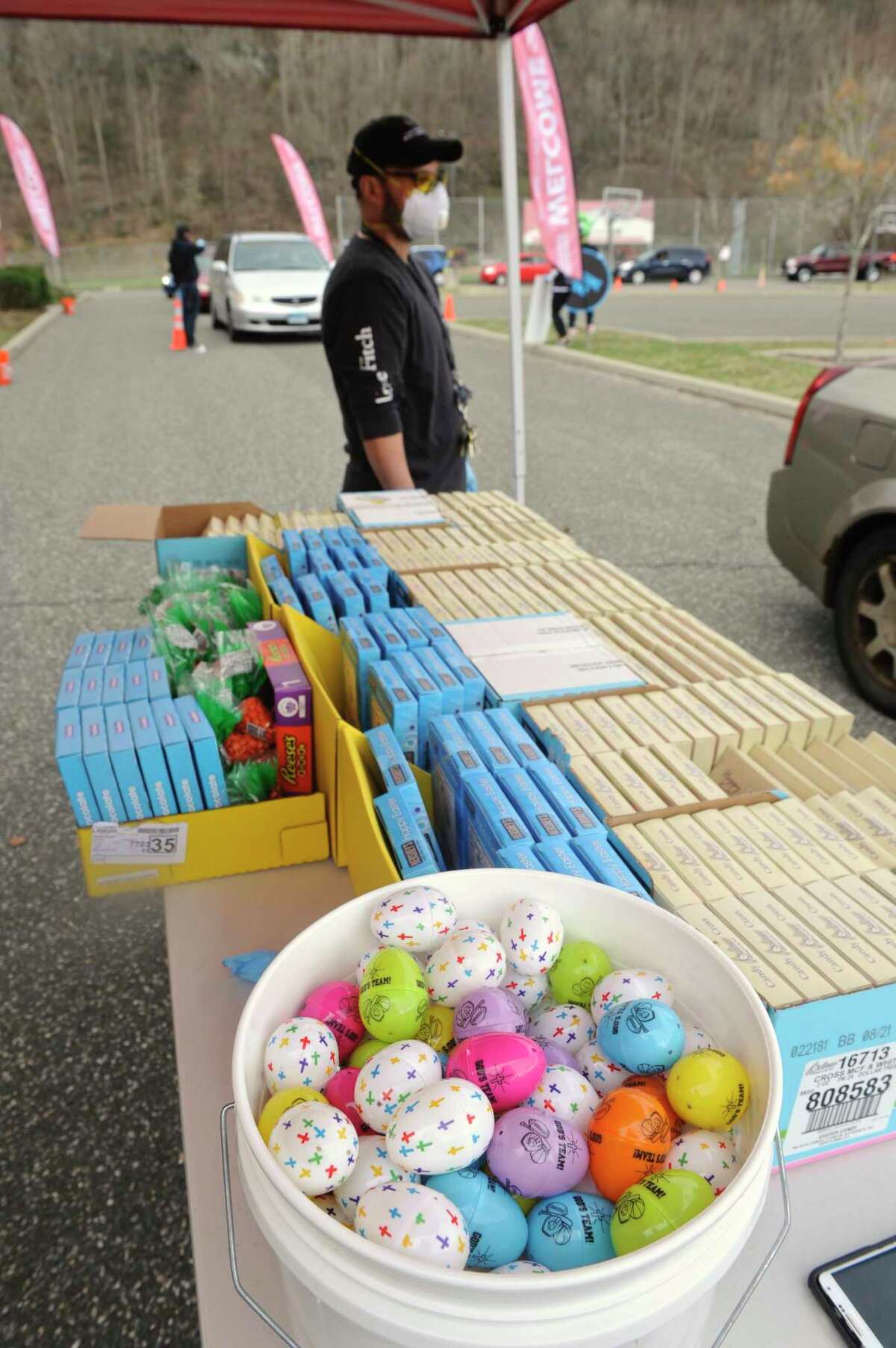 Faith Church started its "Manna from Heaven" program of Wednesday evening and had Easter eggs and candy to give away as well. The church will be distributing 250 hot meals each week to people in need. The meals are being purchased from four local restaurants, which also helps those establishments. Wednesday, April 8, 2020, in New Milford, Conn.