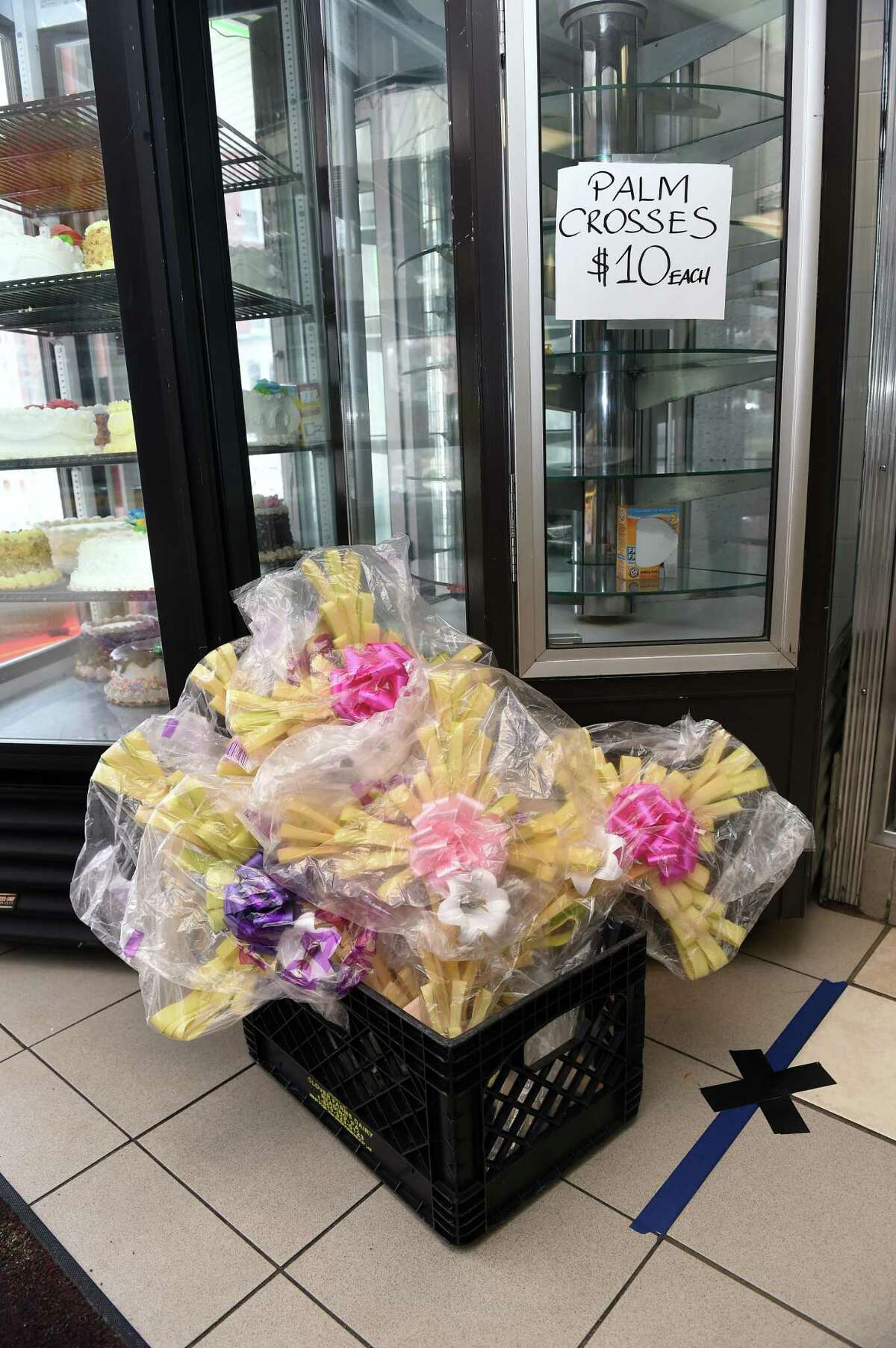 Palm crosses for Easter on sale at Rocco's Bakery on Ferry Street in New Haven on April 4, 2020.