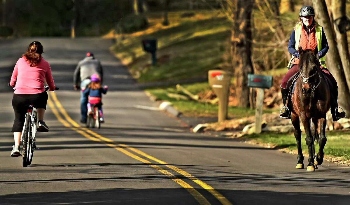 Bethany, Connecticut - Wednesday, April 01, 2020: Cory Sells of Woodbridge, using her Paso Fino breed horse Torpedo, 19, as a therapy horse, ride around the Bear Hill Road area in Bethany twice a week, using the social distancing, visiting neighborhood children and their parents quarantined in their homes during the COVID-19 / Coronavirus pandemic.