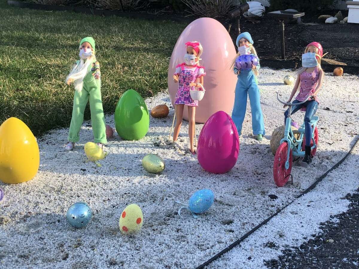 Easter Barbie and friends can be seen sporting masks and practicing social distancing, (6 inches apart = 6 feet apart), in the Devon section of Milford, at 70 Grant St.