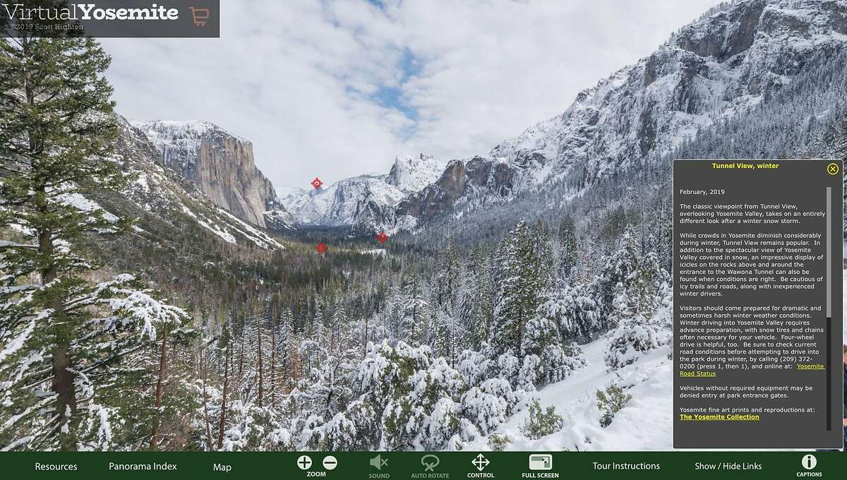 Screen shot, Tunnel View overlook in winter from the Virtual Yosemite online VR tour. https://www.virtualyosemite.org