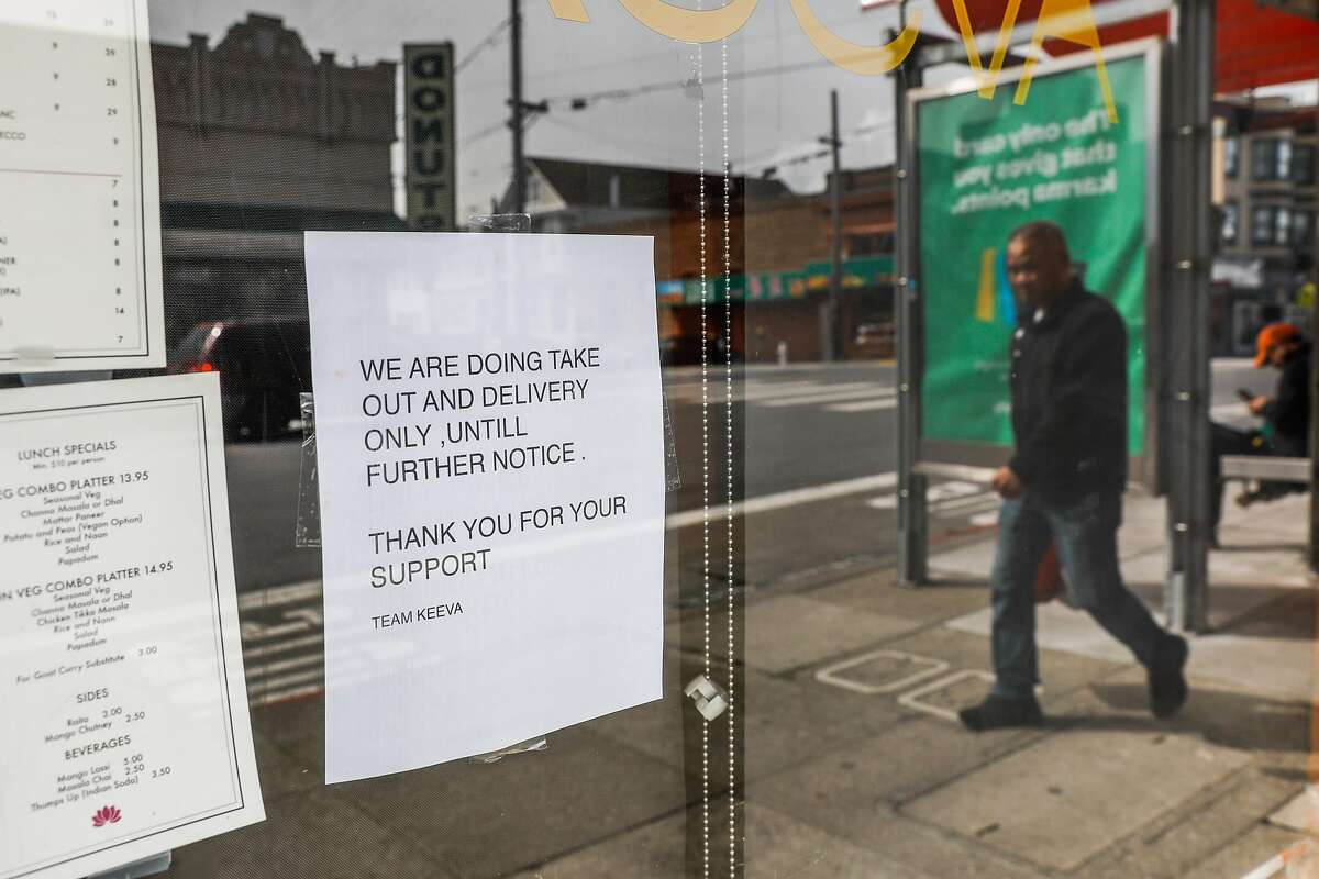 Keeva restaurant has a posting saying it is going to only be serving take out and delivery on Clement Street on Tuesday, March 17, 2020 in San Francisco, California. The city is ordered to shelter in place due to the coronavirus.