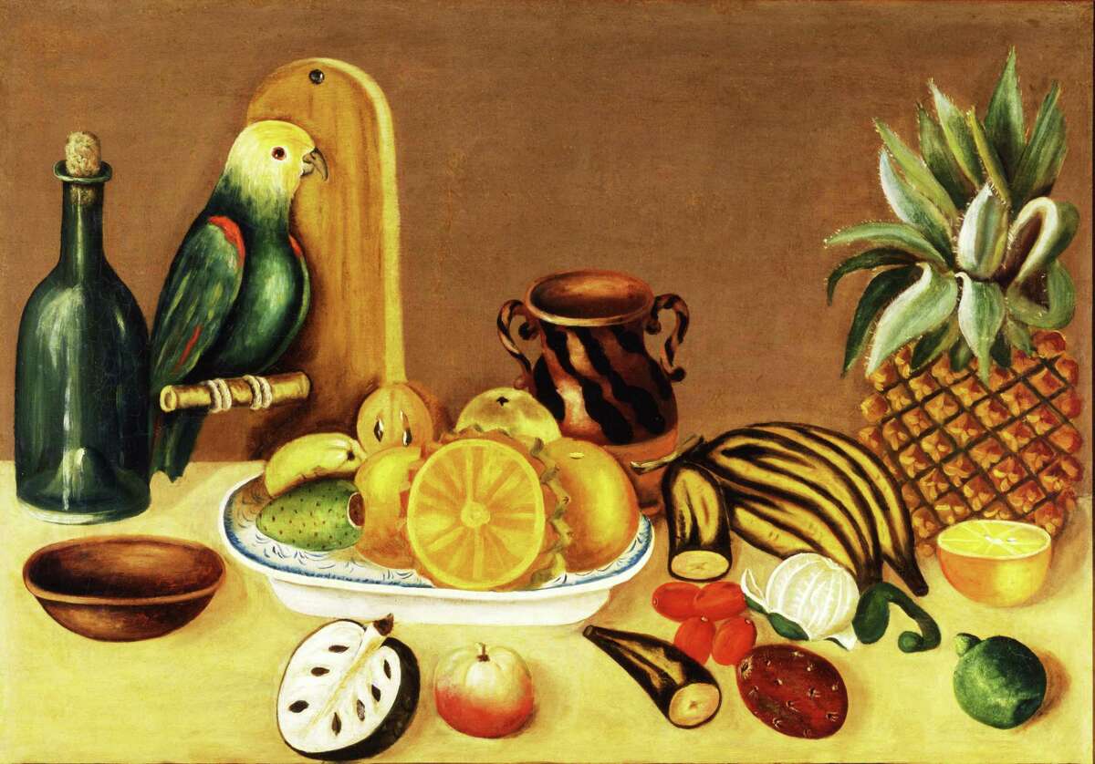 “Still Life With Parrot” (”Bodegón con loro”), a 19th century oil painting on canvas from Puebla, Mexico.