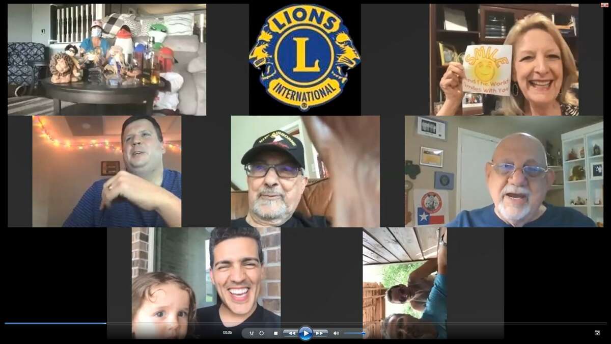 The Conroe Noon Lions Club has converted to a ‘No Show Luncheon’ each Wednesday on Facebook and each meeting still has a rousing rendition of the club song ‘Smile’; pictured clockwise: Helen Thornton, Eddie Risha, Mike & Robin Sproba, Sergio Vaz Lopes and daughter, Warner Phelps, Anne Hoffman & friends, and Dick Giuffre, center.