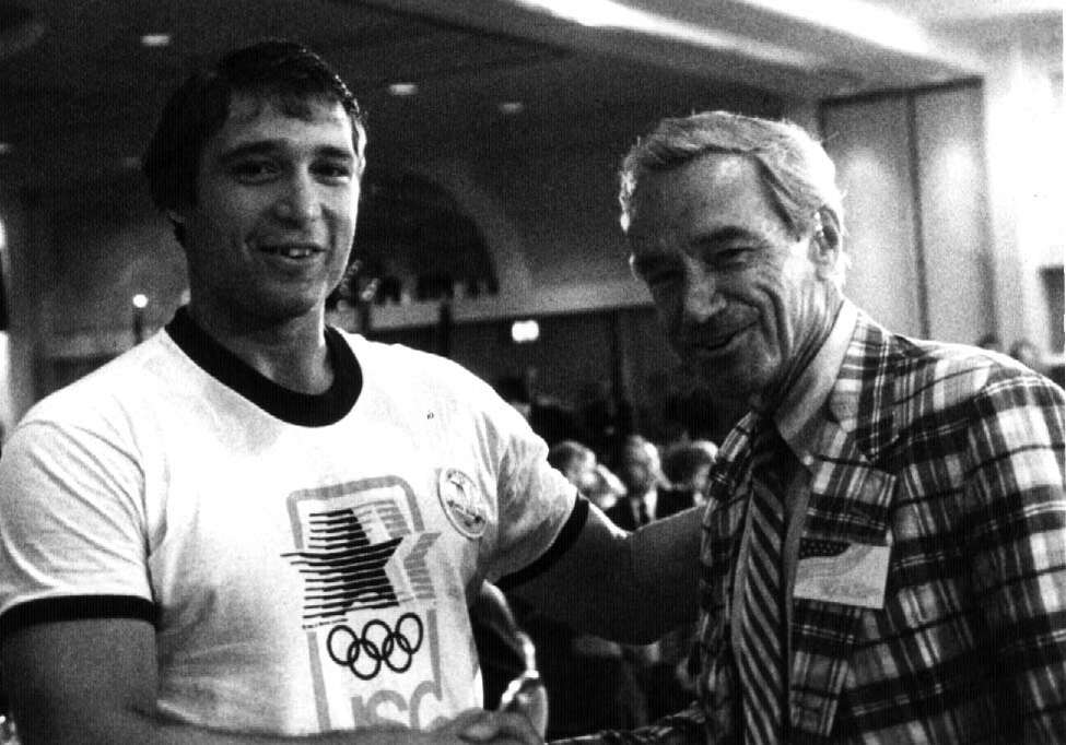 Gold medal winner Jeff Blatnick of Niskayuna talks with congressman Sam Stratton (D-Schenectady). (Times Union archive)