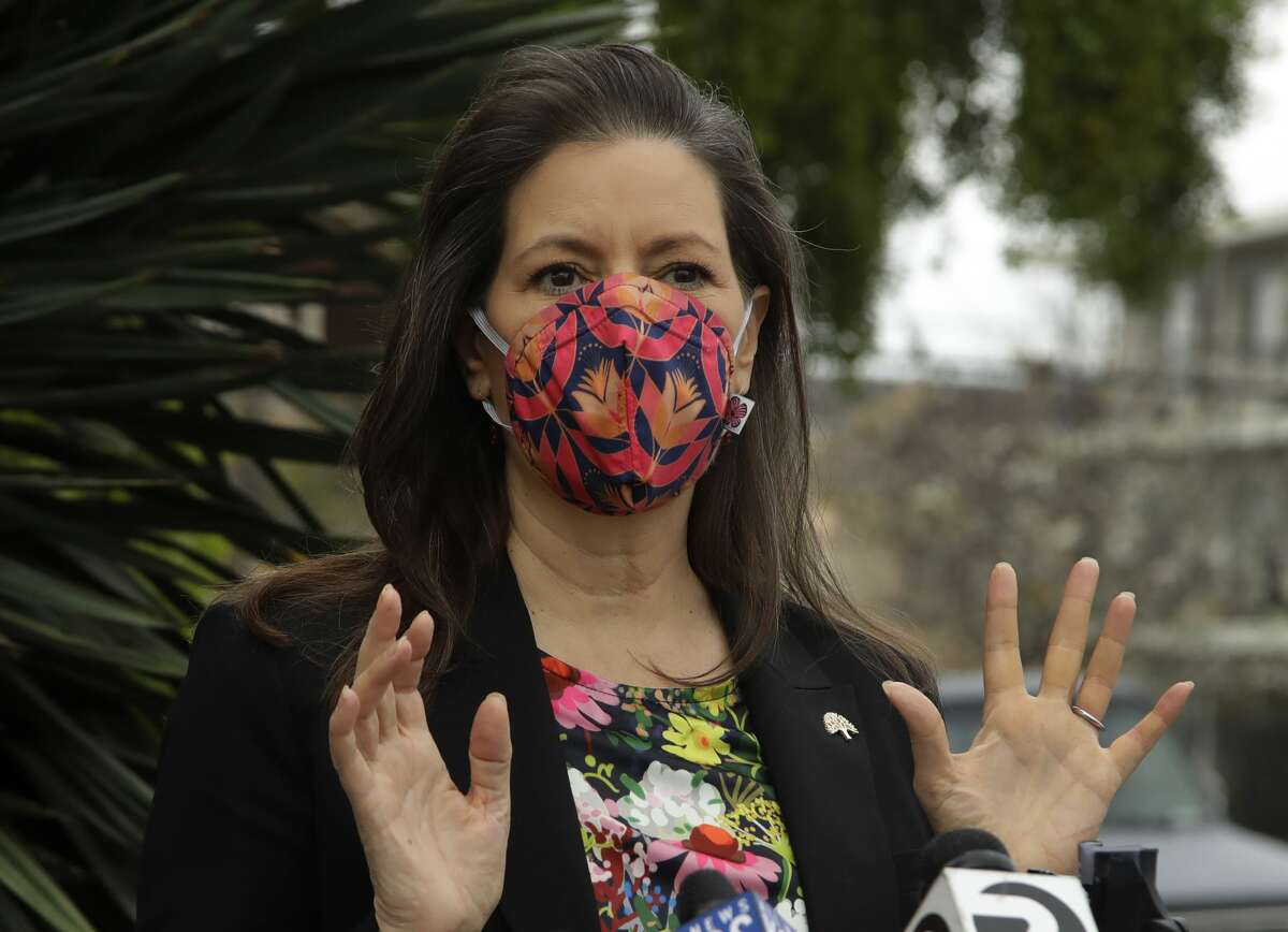 FILE Oakland Mayor Libby Schaaf gestures while speaking at a media conference on Friday, April 10, 2020, in Oakland, Calif.