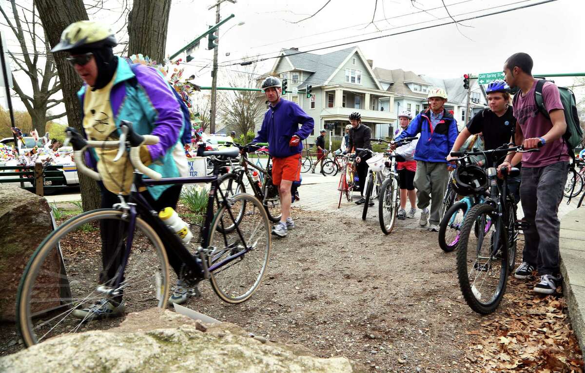 NEW HAVEN- Participating bikers for the annual Rock to Rock Earth Day Ride successfully make it to the finish point at East Rock Park College Woods in New Haven on Saturday afternoon. Chynna Davis/ For the Register
