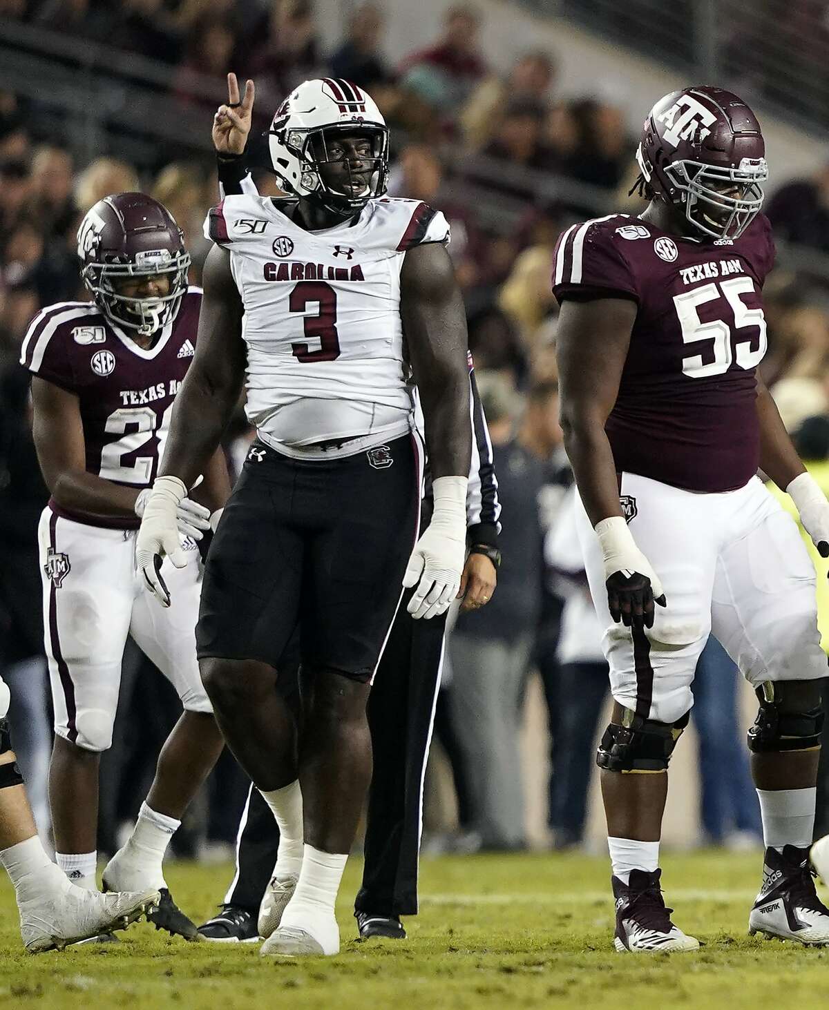South Carolina State's Javon Kinlaw (3) walks back to the huddle after a play against Texas A&M during the first quarter of an NCAA college football game Saturday, Nov. 16, 2019, in College Station, Texas. (AP Photo/David J. Phillip)