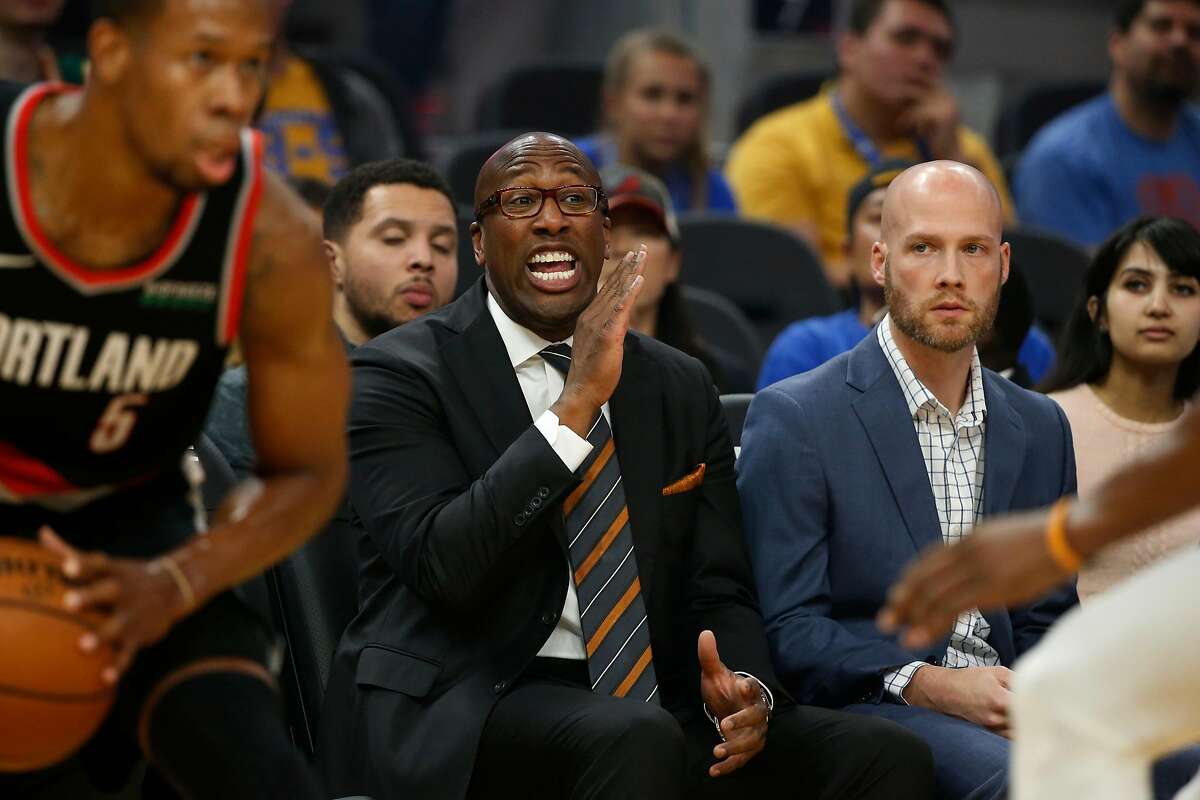 Golden State Warriors Assistant Coach Mike Brown yells from the sideline during the first quarter of his NBA basketball game against the Portland Trailblazers at Chase Center on Monday, November 4, 2019 in San Francisco, California.