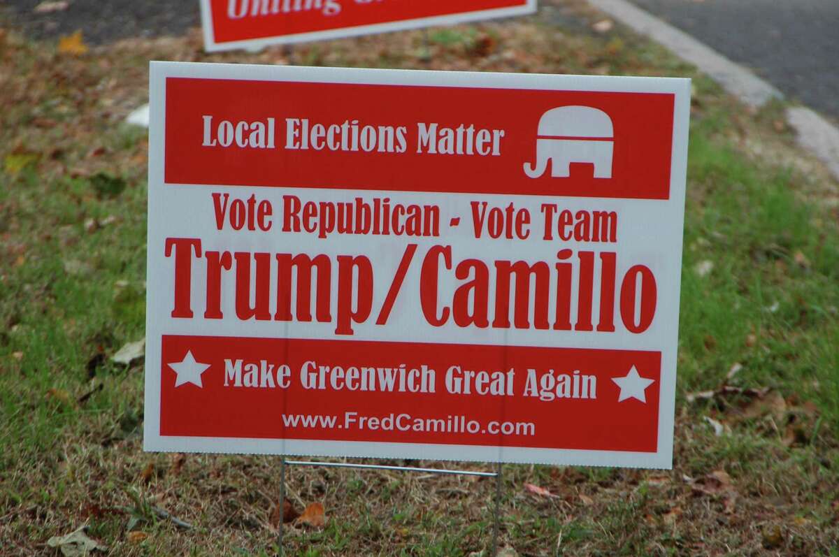 Signs linking Republican first selectman candidate Fred Camillo to President Donald Trump appeared around Greenwich close to last year’s election. Camillo and other Republicans have condemned the signs, saying they are not from the campaign even though they are made to look like they are. Kordick admitted to paying for the signs and says it is a freedom of speech right for him as a resident and registered voter.