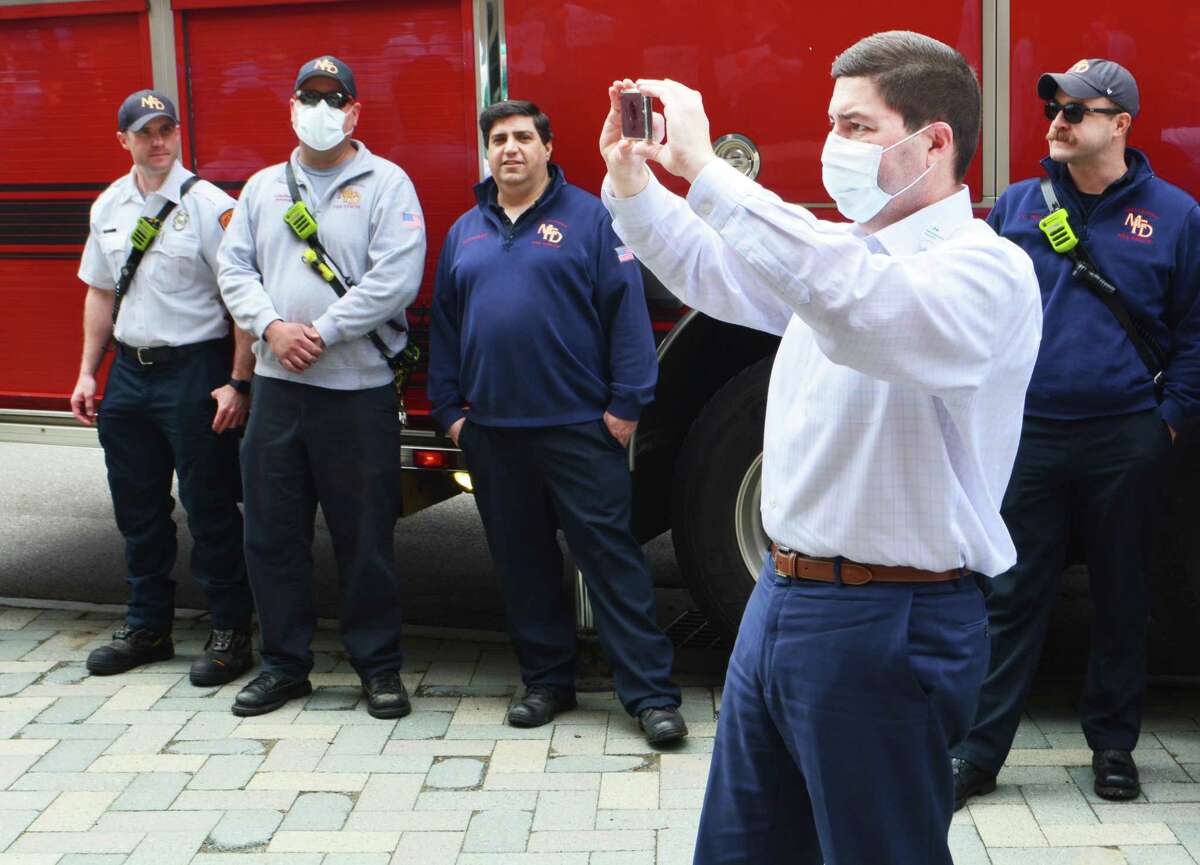 Middletown firefighters from the downtown, Cross Street, South Fire District and Westfield stations held a truck parade “sneak attack” to thank the doctors, nurses and other emergency personnel at Middlesex Hospital Tuesday afternoon.