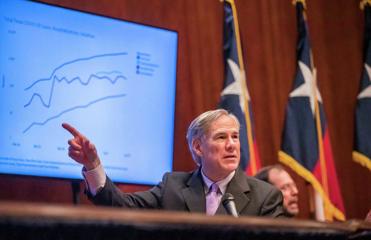 Texas Gov. Greg Abbott expressed optimism during a coronavirus news conference, Friday, April 10, 2020, in Austin, Texas. Abbott also said the state's death toll was lower than many other states. (Ricardo B. Brazziell/Austin American-Statesman via AP)