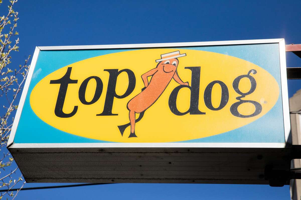 The sign for Top Dog, a Berkeley food institution, The restaurant has stayed open with take out orders during the Covid-19 shelter-in-place order in Berkeley, Calif. on April 14, 2020.