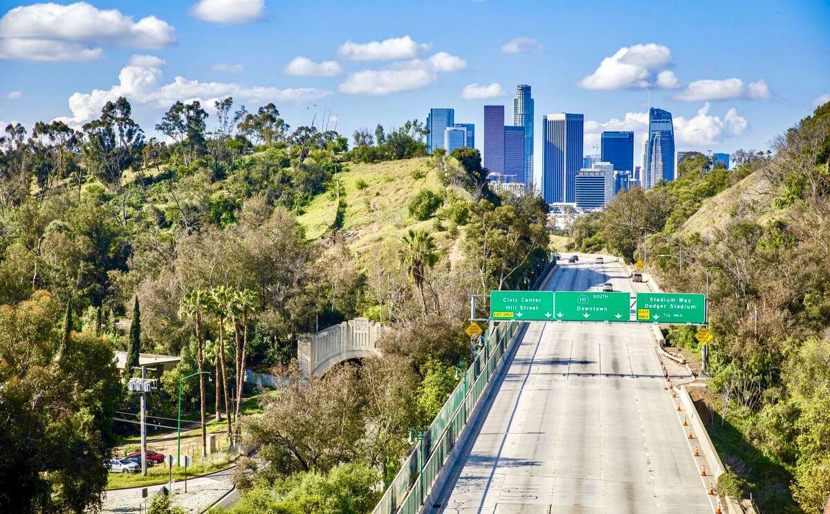 An empty Los Angeles highway at rush hour on April 7, 2020, amid a shelter-in-place order during the coronavirus pandemic.